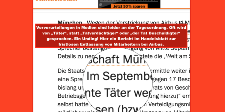 Immer wieder das Problem mit den Vorverurteilungen in Medien: In diesem Handelsblatt-Bericht wird beispielsweise bereits von "Tätern" gesprochen, statt von "Tatverdächtigen" oder "der Tat Beschuldigten". (Bild: Screenshot Handelsblatt Online vom 1. Dezember 2019.